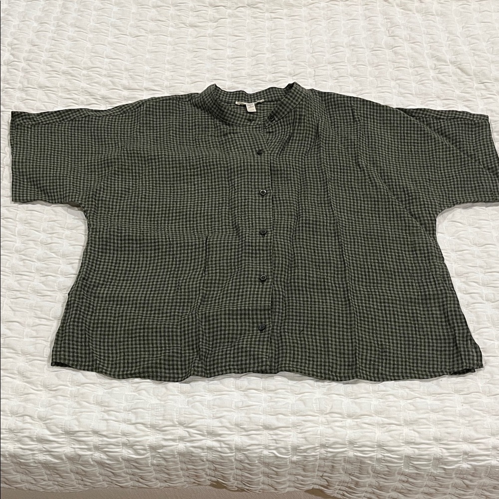 Eileen Fisher Loden Green Gingham Puckered Organic Linen Shirt XS NWT